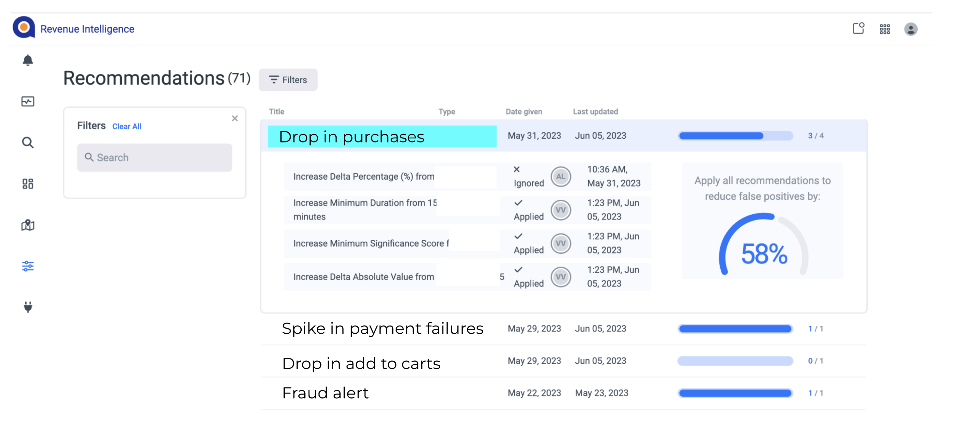 The user can select which recommendations to accept or reject and is shown the expected reduction in false positive rate