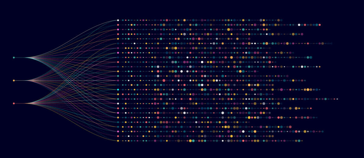 Big data visualization. Social network, financial analysis of complex databases. Data mining. Vector technology background. Information analytics concept.